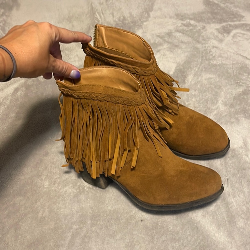 Brand new camel color fringe bootie